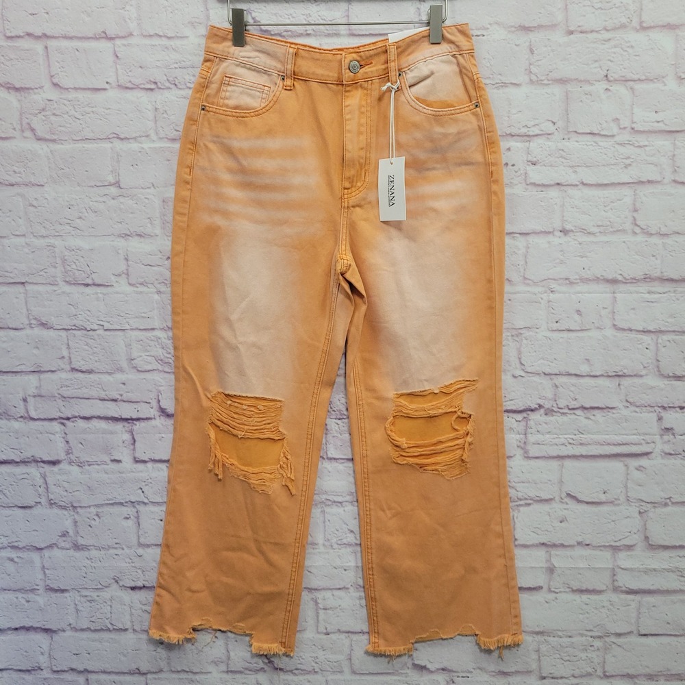 NEW Zenana High Rise Wide Leg Distressed Jeans 28 Orange Ankle Raw Hem Grunge